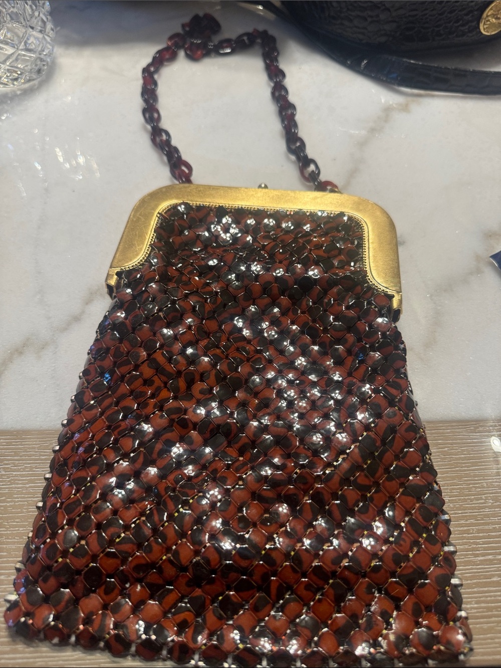 Vintage-Style Brown and black Mesh Evening Bag with Gold Frame Whiting and Davis